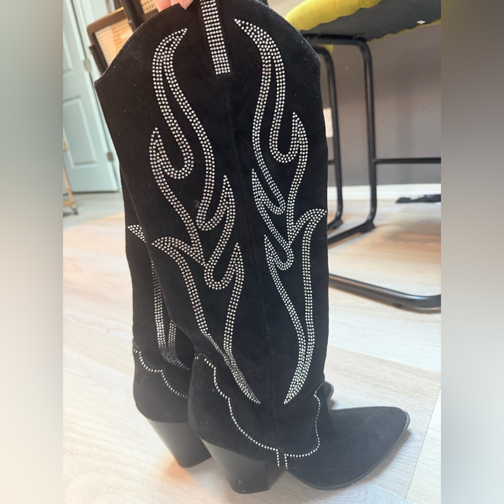 Steve Madden Black Suede Boots with Rhinestone Accents